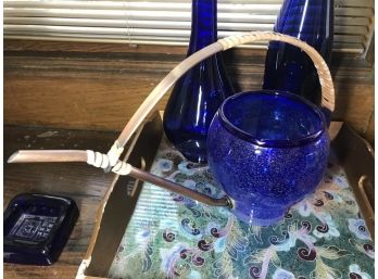 Cobalt Blue Glass With Decorative Wood Serving Tray