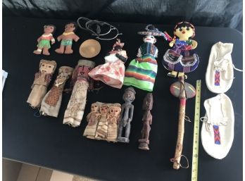 Mexican And Indian Dolls And Decor . Leather Moccasins. Stone With Wood Handle Tomahawk 14'.