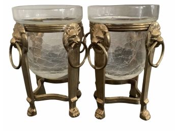 Pair Of Vintage Lion Head Votive Candle Holders Featuring Brass/crackle Glass