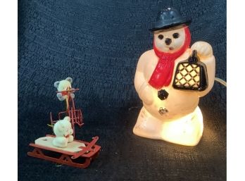 Vintage 1940s Plastic Lighted Snowman  With Two Vintage Avon Bear Collection Ornaments