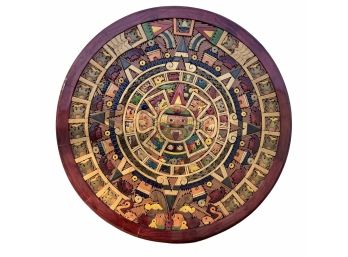 Vintage Artisan Mosaic Sustainable Wood Inlay Aztec Calendar Table With Rotan Basewith Rattan Base