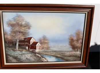 Gorgeous Original Oil Watermill On Wooded Land Signed Oil N. Hayan? Large Oil