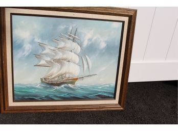 Original Oil Vibrant Sailing Ship At Sea - Signed Illegible