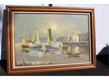 Original Oil Excellent Harbor Scene - Large Oil Signed By Known Artist K. Polary