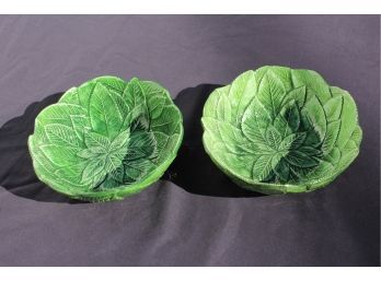 1960s Vintage Italian Green Leaf Majolica Pottery - 2 Bowl Group