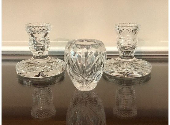 Waterford Crystal Candlesticks And Small Vase