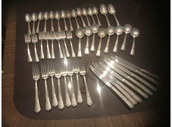 Eight Piece Silverplate Place Settings, Serving Spoons And Storage Box