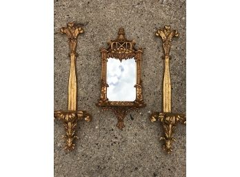 Ornate Mirror And Decorative Gold Sconces