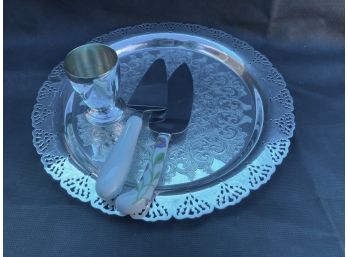 Two Pie Servers, A Cup And A Silver Plate Tray