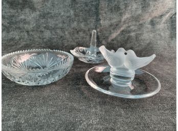 Lot Of Three Glass Jewelry Dishes - Two Kissing Birds, Waterford Ring Holder, And Etched Dish