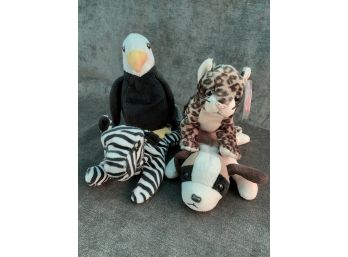 Lot 6 - TY Beanie Babies (eagle, Leopard, Zebra, And Dog)