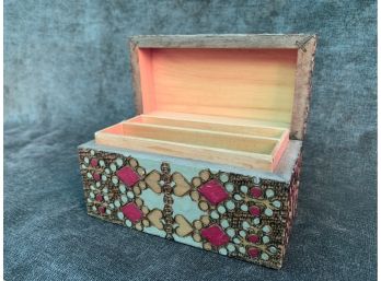 Wooden Box With Teal And Pink Carved Details