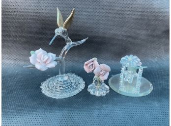 Three Little Glass Figurines With Pink Roses