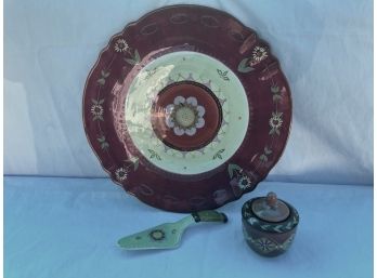 Burgundy Zrike Handpainted Platter With Matching Pie Server And Little Pot