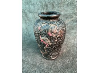 Black Vase With Vine And Bird Design