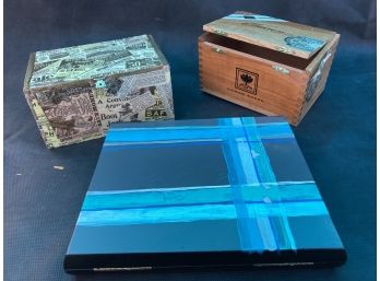 Wooden Box Lot #4 - Genesis, Blue Stripe, Newspaper Clippings