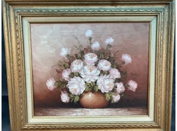 Oil Painting Of Many Light Pink Roses In A Round Pot