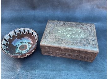 Wooden Hand Carved Box With Beautiful Pottery Bowl