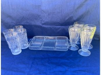 Clear Glass Lot - 4 Sundae Cups, 4 Glasses, 1 Divided Rectangle Platter