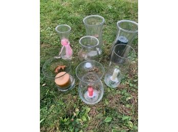 Assorted Lot Of Many Glass Candle Vases With Candles