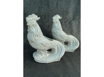 Two White Roosters - Hand Painted Japan