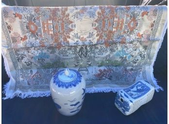 Blue And White Eastern Jar And Incense Burner With Tapestry