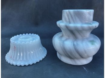 One White And One Marble Colored Candle Stick Holders