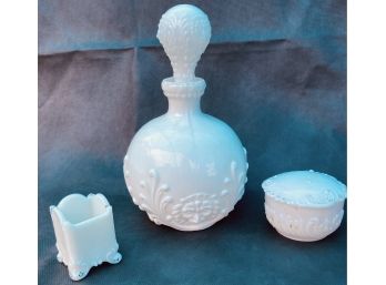 White Bottle With Stopper And Two Trinket Dishes