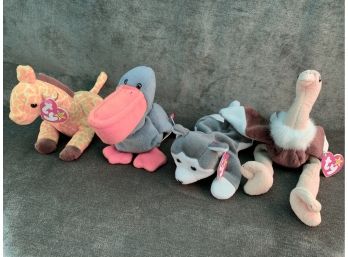 Lot 2 - TY Beanie Babies (giraffe, Pelican, Wolf, And Ostrich)