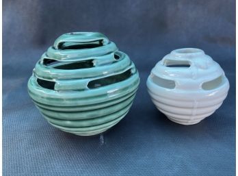 Vintage Green And White Circular Flower Frogs/ Planters