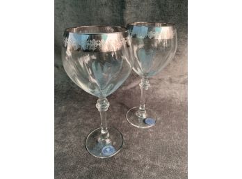 Two Cristalleria F.Ili Fumo Hand Decorate Italian Wine Glasses - Italy