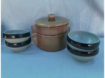 Four Stoneware Bowls And A Stackable Light Brown Two Layer Pot