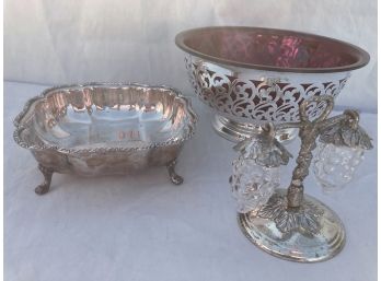 Two Silver Plated Serving Dishes And Hanging Grape Salt And Pepper Shakers