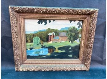 Barn By The Pond Painting In Ornate Frame