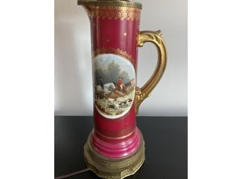 Tall Beautiful Brass And Porcelian Lamp With Hunt Scene On It