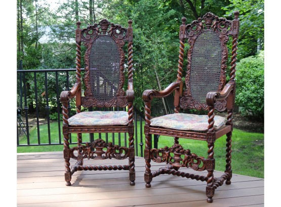 Set Of Two Jacobean Renaissance Revival Cherub Carved Parlor Throne Arm Chairs And Cushions (LARCHMONT PICKUP)