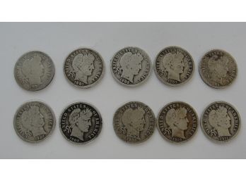 Lot Of (10) Barber Dimes Assorted Dates - 90 Percent Silver