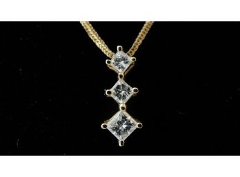 Elegant 14K Gold 3 Stone Princess Cut Diamond Drop Pendant On 14K Yellow Gold Chain