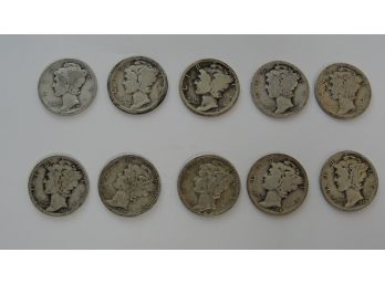 Lot Of (10) Silver Mercury Dimes, Assorted Dates Including 1916, 1917,1919 Etc