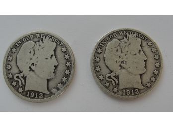 Lot Of (2)  Barber Half Dollars 1912 D & 1913 D - 90 Percent Silver