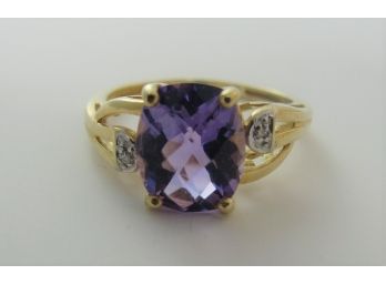 Cushion Cut Amethyst With Diamond Accents 10k Yellow Gold Ring - Size 8