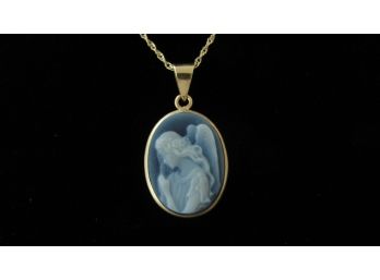 Beautiful Blue Agate Angel Cameo & 14K Pendant On A 14K Gold Chain