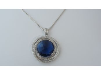 Huge Blue Tanzanite & Sterling Silver Pendant On 20' Sterling Necklace