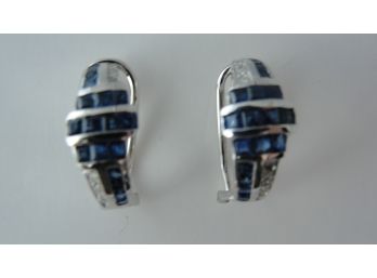 Stunning Blue Sapphire And Diamond Earrings Set In 14K White Gold