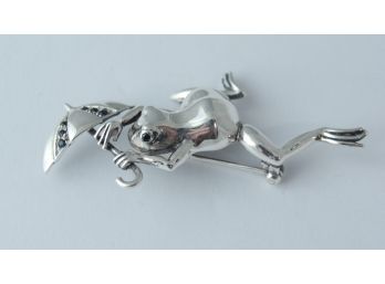 Frog With An Umbrella Sterling Silver Designer Pin