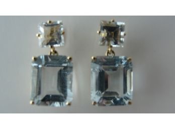 14K Gold &  Emerald Cut Blue Topaz Earrings