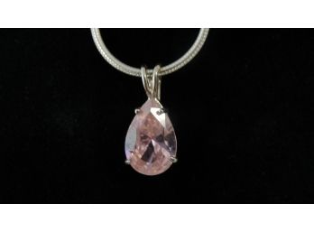 Pink Crystal Tear Drop Pendant On 18' Sterling Chain