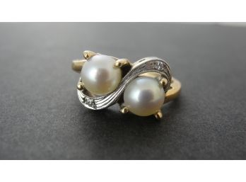 Twin Pearl And Diamond Ring Set In 14k Gold - Size 6 1/2