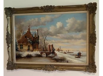 Oil On Canvas Continental Winter Scene Signed P.c. Steenhouwer