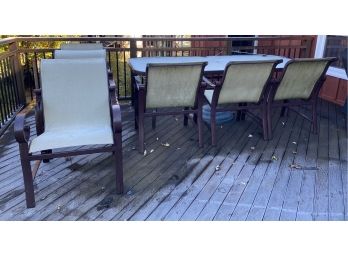 Woodard Outdoor Table With Six Chairs And Umbrella